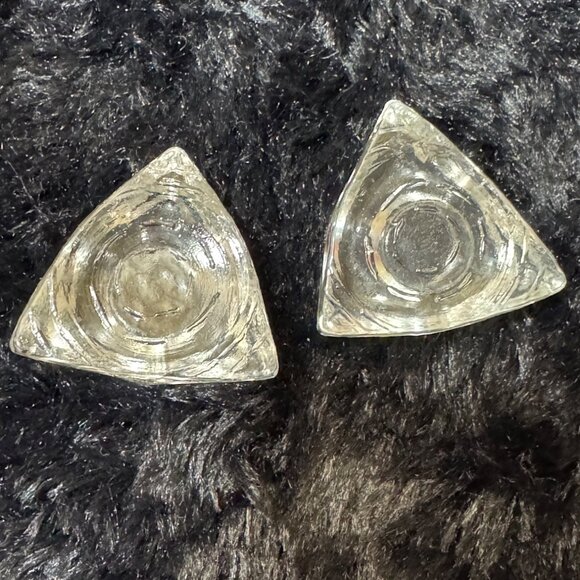 Set of 2 Vintage Ice Cube Triangle Heavy Clear Glass Candle Holder Candlestick - Picture 2 of 6